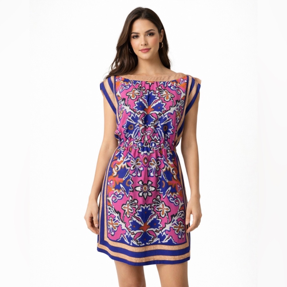Loft Blouson Dress M Medium Pink Blue Orange Lightweight Washable Colorful